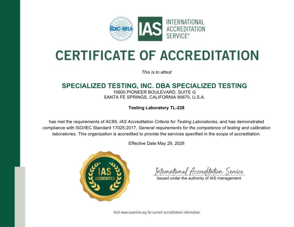 IAS Certificate of Accreditation, Specialized Testing, Testing Laboratory TL-228, effective May 29, 2026